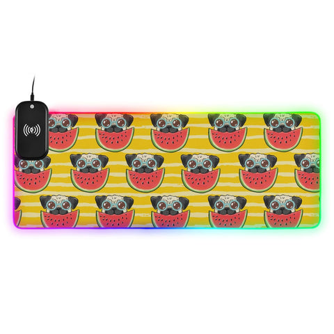 Cute Pug Dog Watermelon Wireless Charging Mouse Pad for Mobile Phone Extra Large Gaming Mousepad with 13 Lighting Modes Mouse Mat for MacBook PC Laptop Desk Office Home Gaming