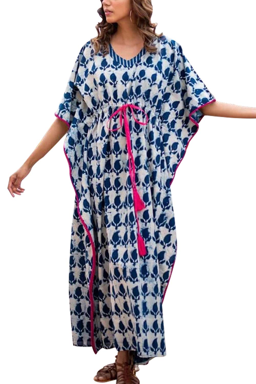YouKD Kaftan Ethnic Pattern Dress Bohemian Beach Bikini Cover Up Robe Plus Size Nightgown for Women Blue