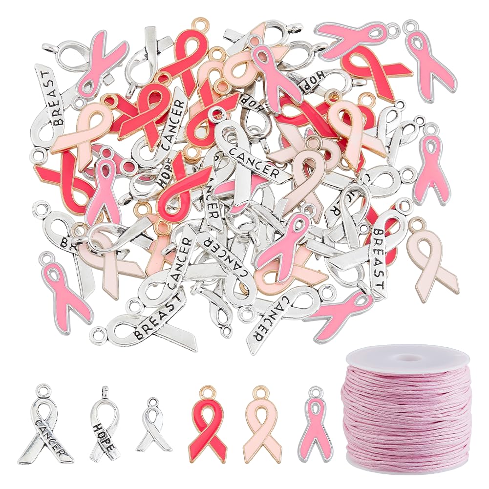 DICOSMETIC 90Pcs 6 Styles Awareness Ribbon Charm Breast Cancer Awareness Charms Hope Ribbon Pendant Enamel Alloy Awareness Dangle Charms with Waxed Cord for Women Bracelet Necklace Jewelry Making