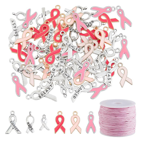 DICOSMETIC 90Pcs 6 Styles Awareness Ribbon Charm Breast Cancer Awareness Charms Hope Ribbon Pendant Enamel Alloy Awareness Dangle Charms with Waxed Cord for Women Bracelet Necklace Jewelry Making