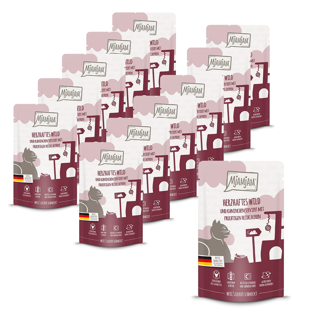 MjAMjAM - premium wet food for cats - Quetschie - hearty game & rabbit with fruity blueberries, pack of 12 (12 x 125 g), grain-free with extra meat