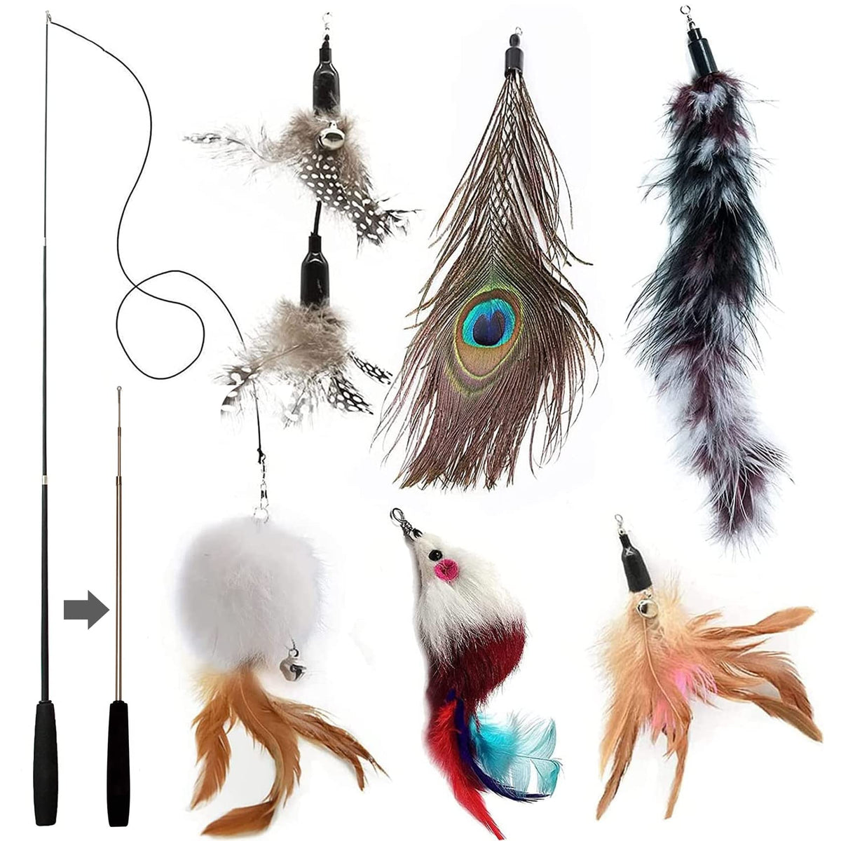 MAIYADUO Cat Teasers Cat Feather Wand Cat Toy Interactive Toy Feather Wand with Bell 5x Natural Feather Refills