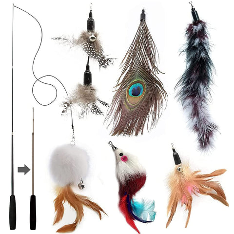 MAIYADUO Cat Teasers Cat Feather Wand Cat Toy Interactive Toy Feather Wand with Bell 5x Natural Feather Refills