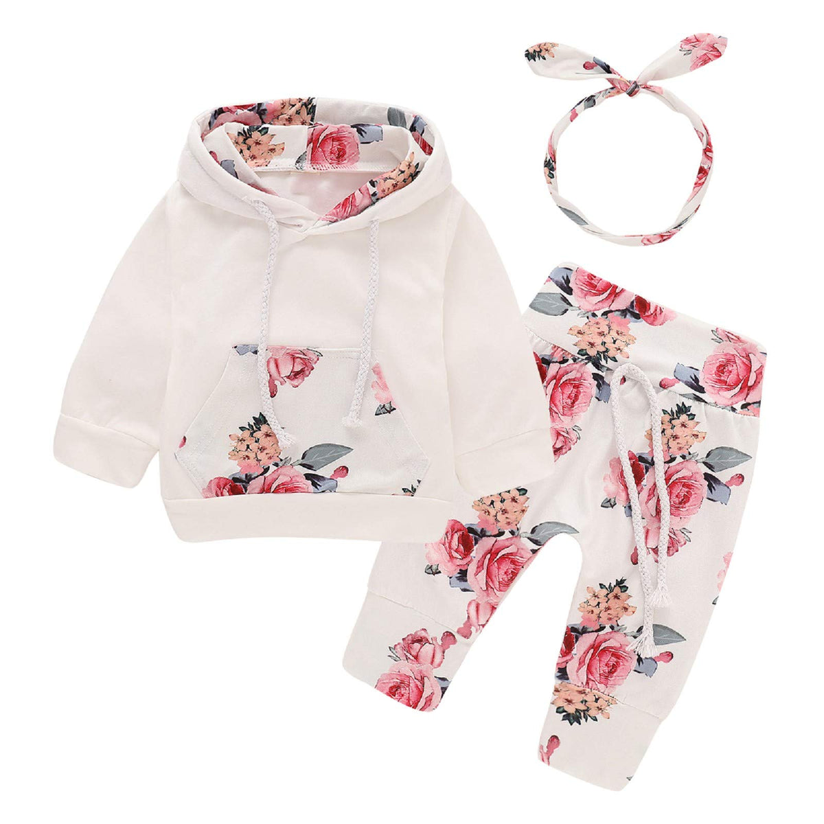 puseky Newborn Baby Girl Long Sleeve Floral Hoodie Sweatshirt Tops+ Pant Clothes Outfits Set (3-6M, White + Floral)