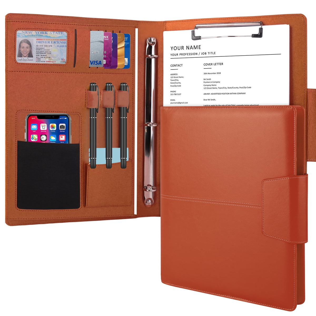 TESRAB 3 Ring Portfolio Binder Folder Faux Leather Padfolio Business Portfolio Organizer A4 Letter Size with Strong Magnetic Closure for Meeting,Presentation,Traveling,Wedding