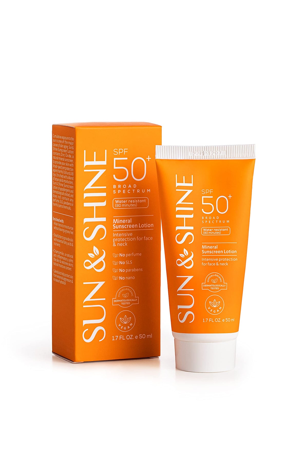 SUN & SHINE MINERAL SUNSCREEN LOTION: SPF50 Broad Spectrum UVA UVB, Face Neck Protection, face mineral lotion Zinc Oxide, for Sensitive Skin,reef safe, fragrance free 1.7 Oz