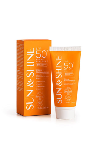 SUN & SHINE MINERAL SUNSCREEN LOTION: SPF50 Broad Spectrum UVA UVB, Face Neck Protection, face mineral lotion Zinc Oxide, for Sensitive Skin,reef safe, fragrance free 1.7 Oz
