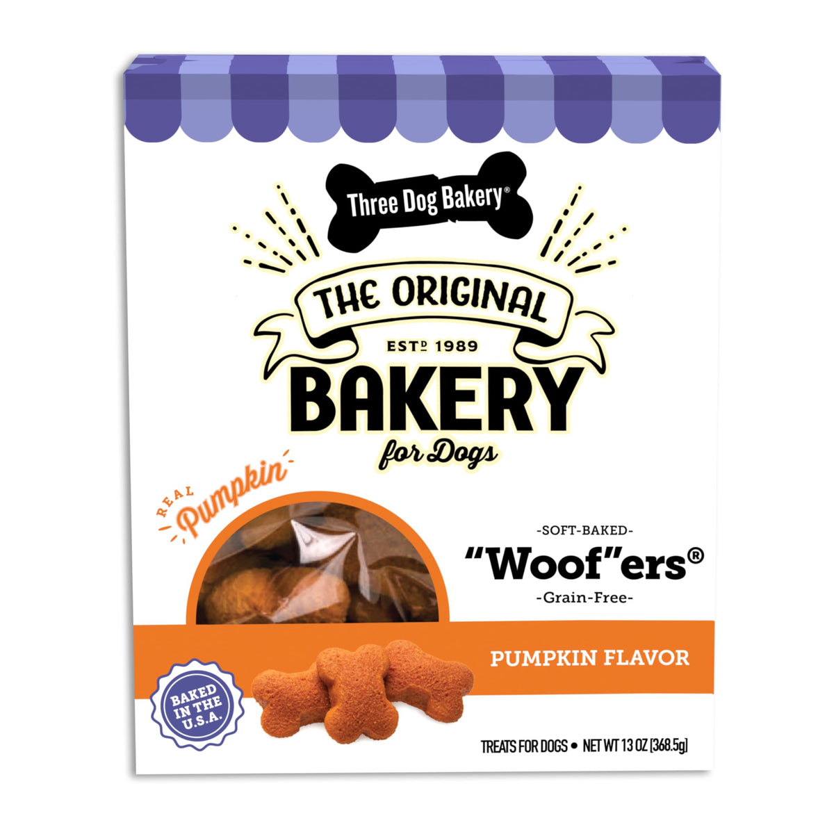 Three Dog Bakery Grain Free Wafers Baked Dog Treats, Pumpkin, 13 oz