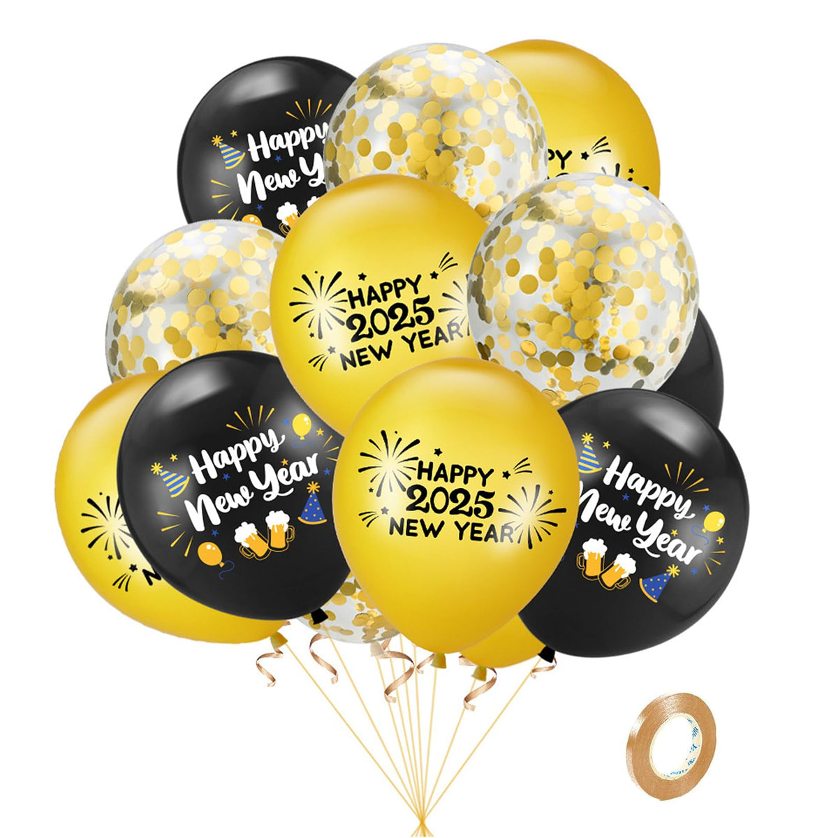 New Years Eve Decorations 2025 - Black and Gold Balloons,15Pcs 12 Inch Gold Black Latex Balloons 2025 Happy New Year Party Balloons for New Years Eve Party Supplies
