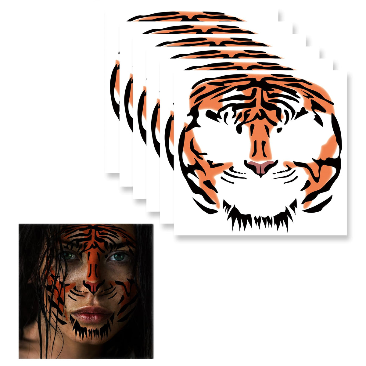Tiger Face Tattoos - 6 Sheets Tribal Tiger Temporary Tattoo Kits for Halloween Costume, Men, Women, Kids - Body Decal Set for Parties