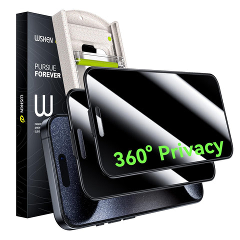 WSKEN for iPhone 15 Pro Max 360Â° Privacy Screen Protector - 4 Way Anti Spy [Zero Bubble] [Auto Dust-Remove] Full Coverage 9H+ Tempered Glass 10X Shockproof HD Anti Peep Film - 2 Pack