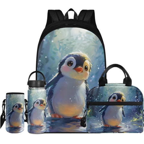 Flashideas Cute Penguin Kids Backpack Set for Girls 4Pcs Girls Backpack for School with Lunch Box Insulated Water Bottle and Water Bottle Carrier for Teens Girls Middle School High School