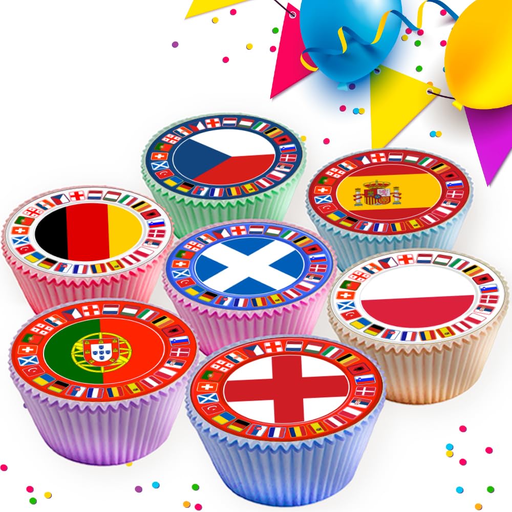 EURO 2024 FOOTBALL FLAGS EDIBLE ICING CUPCAKE TOPPERS DECORATIONS x 24