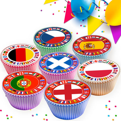 EURO 2024 FOOTBALL FLAGS EDIBLE ICING CUPCAKE TOPPERS DECORATIONS x 24