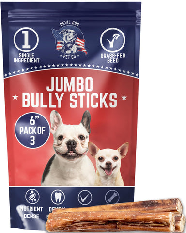 Devil Dog Pet Co Premium Bully Sticks for Dogs Pizzle Dog Chews - from 100% Grass-Fed, Free-Range Cattle - USA Veteran Owned (Jumbo, 6 Inch - 3 Pack)