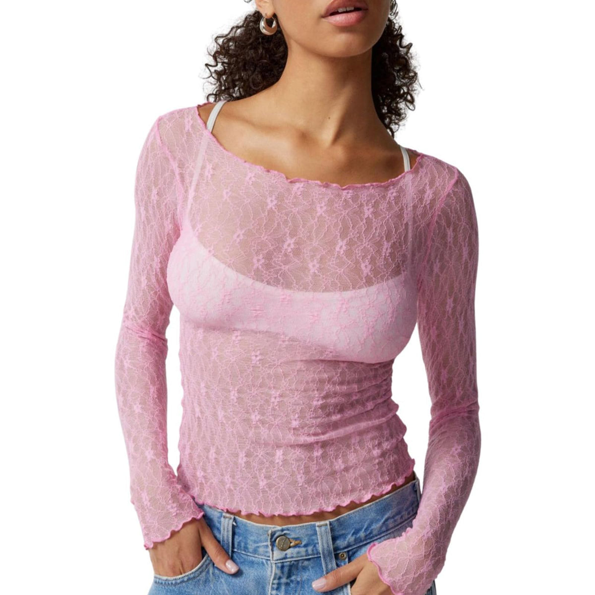 Yassiglia Mesh Top Women's Sexy Transparent Lace Tops Elegant Tight Long Sleeve Y2K Crop Top Long Sleeve Undershirt Lightweight Tops Party Outfit, pink, S