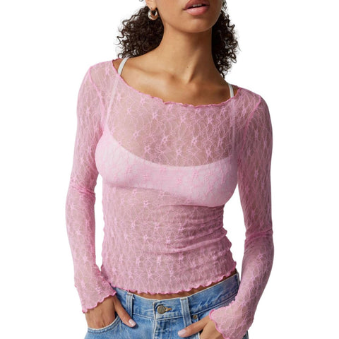 Yassiglia Mesh Top Women's Sexy Transparent Lace Tops Elegant Tight Long Sleeve Y2K Crop Top Long Sleeve Undershirt Lightweight Tops Party Outfit, pink, S