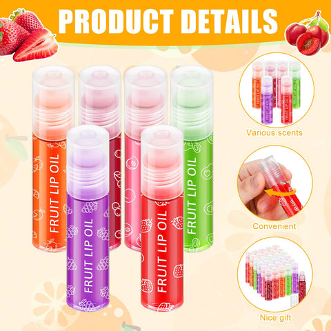 Dansib 30 Pcs Roll on Lip Gloss Glossy Fruit Lip Oil for Girls Kids Clear Flavored Lip Make-up Party Gifts for Teen, Assortment Set (Fruity)
