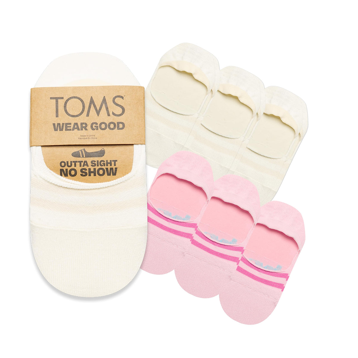 TOMS Classic No Show Socks, Non-Slip, Low Cut, Invisible Bundle Multi-Pair Solid and Printed Pattern Packs, Natural/Pink 6-pack, Small