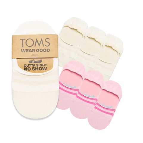 TOMS Classic No Show Socks, Non-Slip, Low Cut, Invisible Bundle Multi-Pair Solid and Printed Pattern Packs, Natural/Pink 6-pack, Small
