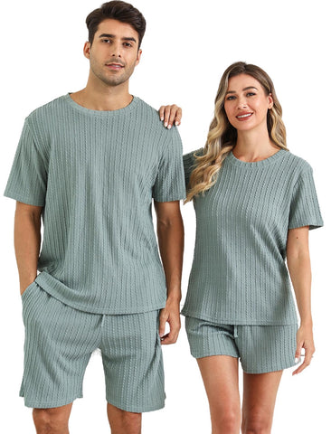 EISHOPEER Women Knit Lounge Sets Summer Casual Sweatsuits with Pockets Short Sleeve Tracksuit 2 Piece Outfits Green X-Large