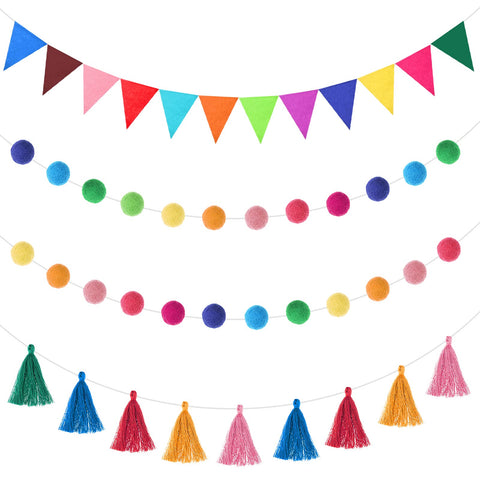 9.8 Feet Pom Pom Garland Rainbow Felt Fabric Garland Set Colorful Tassel for Classroom 3.6 Feet Felt Pennant Banner for Classroom School Christmas Home Birthday Party(Multicolor)