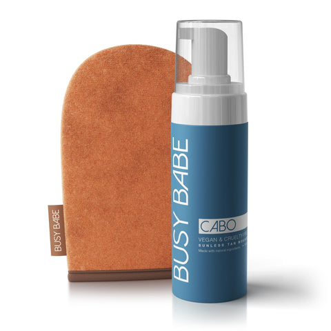 Busy Babe Cabo Rapid Fast Natural Dark Bronze Self-Tanning Mousse, Includes Application Mitt, Natural looking self tanner made for all skin types and tones! Cruelty free and vegan
