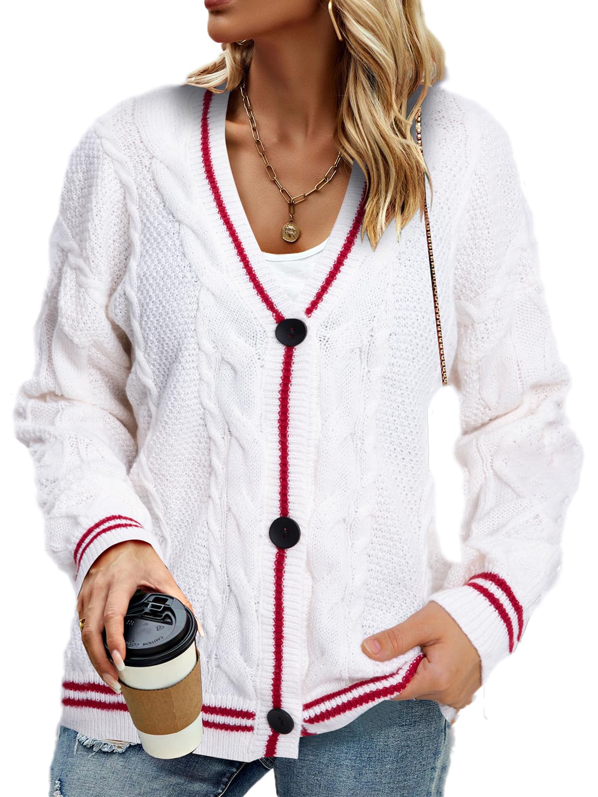 DUTUT Women Knit Cardigans Sweater Open Front Stars Embroidered Long Sleeve V Neck Button Down Outerwear Concert Knitwear, Red, L
