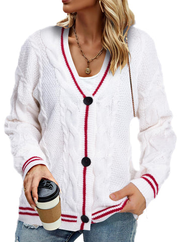 DUTUT Women Knit Cardigans Sweater Open Front Stars Embroidered Long Sleeve V Neck Button Down Outerwear Concert Knitwear, Red, L