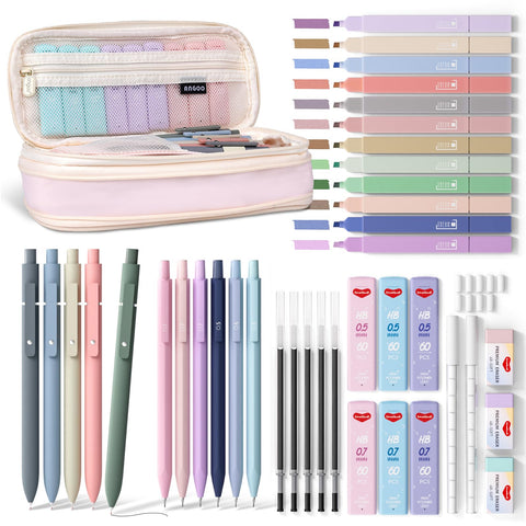 Smallbudi 40PCS Aesthetic School Supplies with Cute Pen Case, 12 Color Pastel Highlighters, 5 Quick Dry Retractable Black Ink Pens, 6 Pastel Mechanical Pencil 0.5 & 0.7 mm for Student Stationary