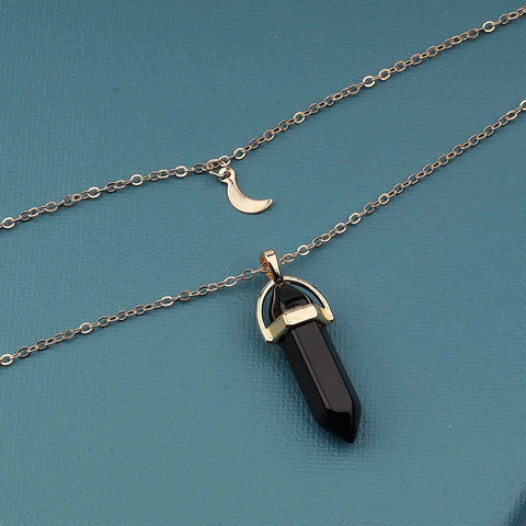 Yheakne Boho Layered Moonstone Necklace Chain Gold Moon Pendant Necklace Black Hexagonal Stone Necklace Jewelry for Women and Girls