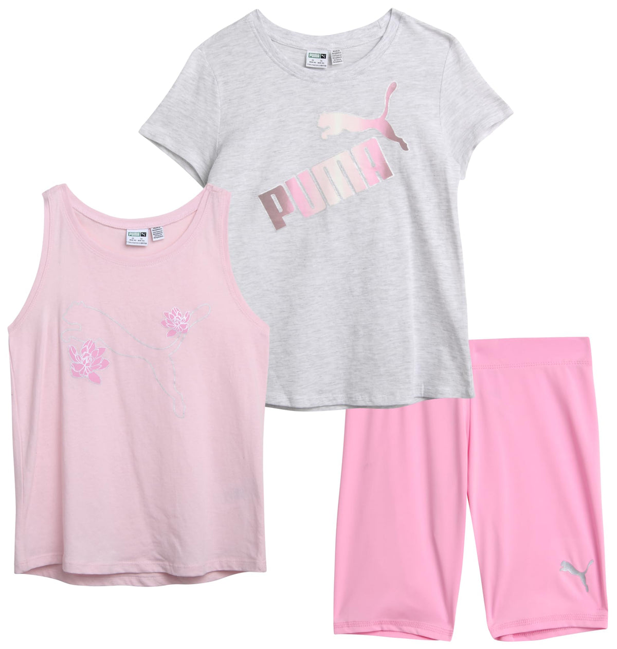 PUMA Girls' Active Shorts Set - 3 Piece Performance T-Shirt, Tank Top, Bike Shorts - Summer Athletic Outfit for Girls (S-XL), Size Small, White HeatherLight Pink