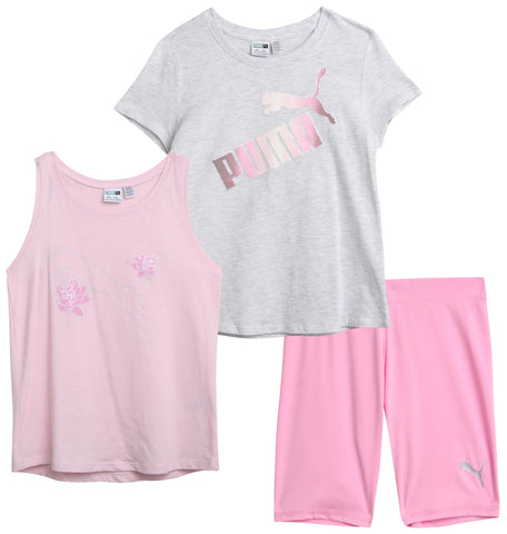 PUMA Girls' Active Shorts Set - 3 Piece Performance T-Shirt, Tank Top, Bike Shorts - Summer Athletic Outfit for Girls (S-XL), Size Small, White HeatherLight Pink