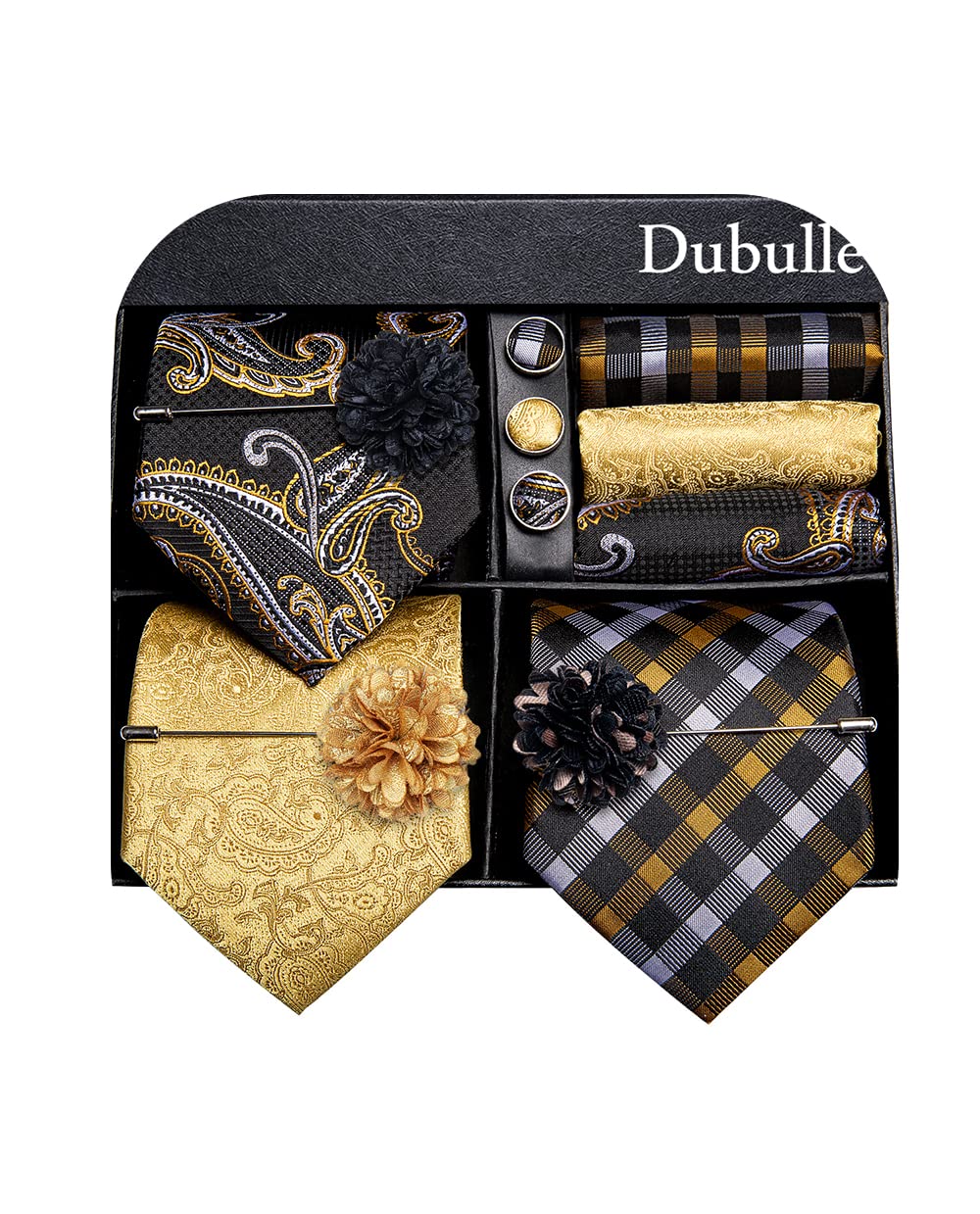 Dubulle Lot 3 PCS Classic Men's Silk Tie Set Paisley Stripe Necktie for Men Pocket Square Gift Box Multiple Sets,Gold Blacks