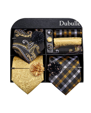 Dubulle Lot 3 PCS Classic Men's Silk Tie Set Paisley Stripe Necktie for Men Pocket Square Gift Box Multiple Sets,Gold Blacks