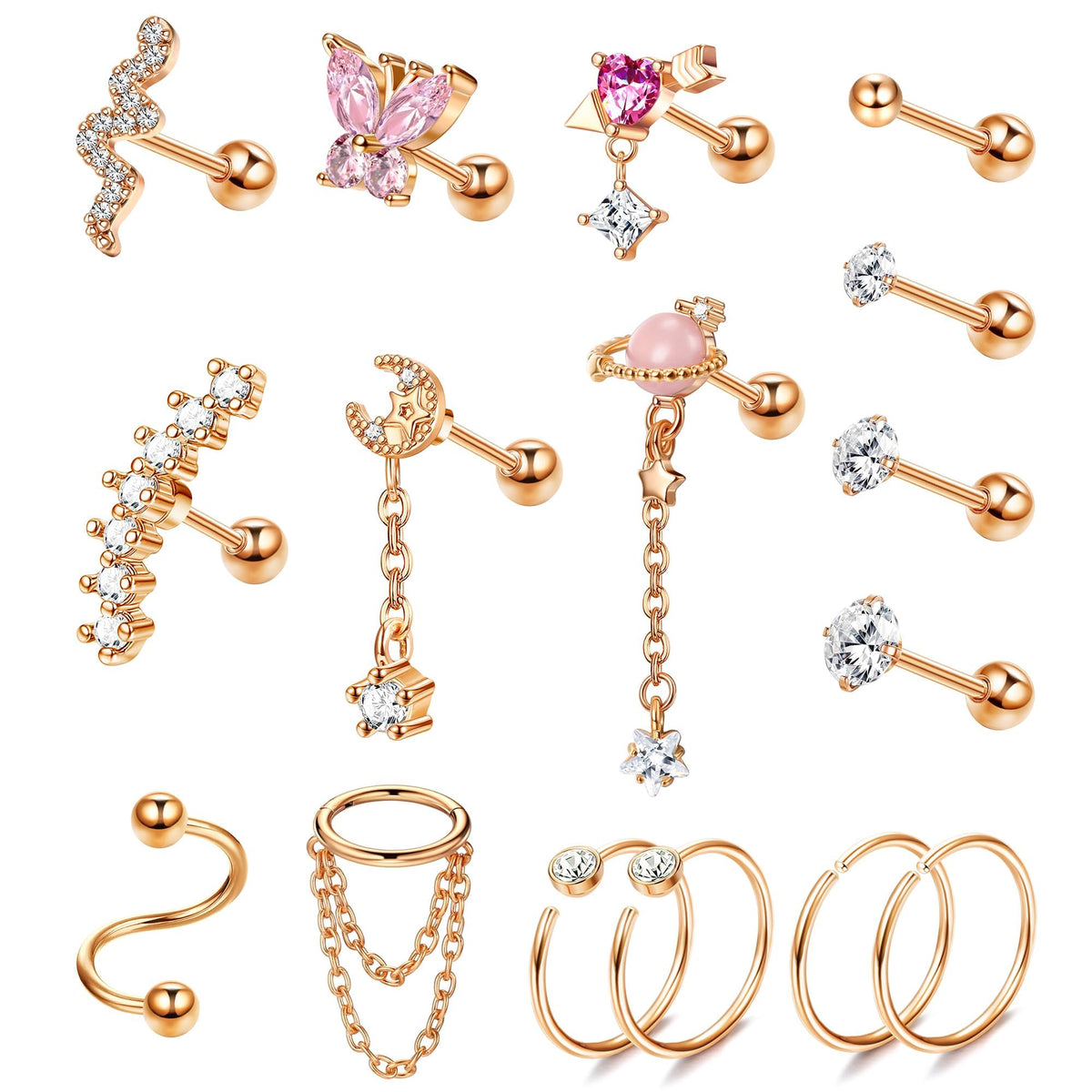 Morfetto 16pcs Helix Piercing Jewellery Surgical Steel Conch Tragus Helix Earring for Women Screw Back Earrings Stud CZ Ear Piercing Cartilage Helix Conch Hoop Earrings for Multiple Piercings RoseGold
