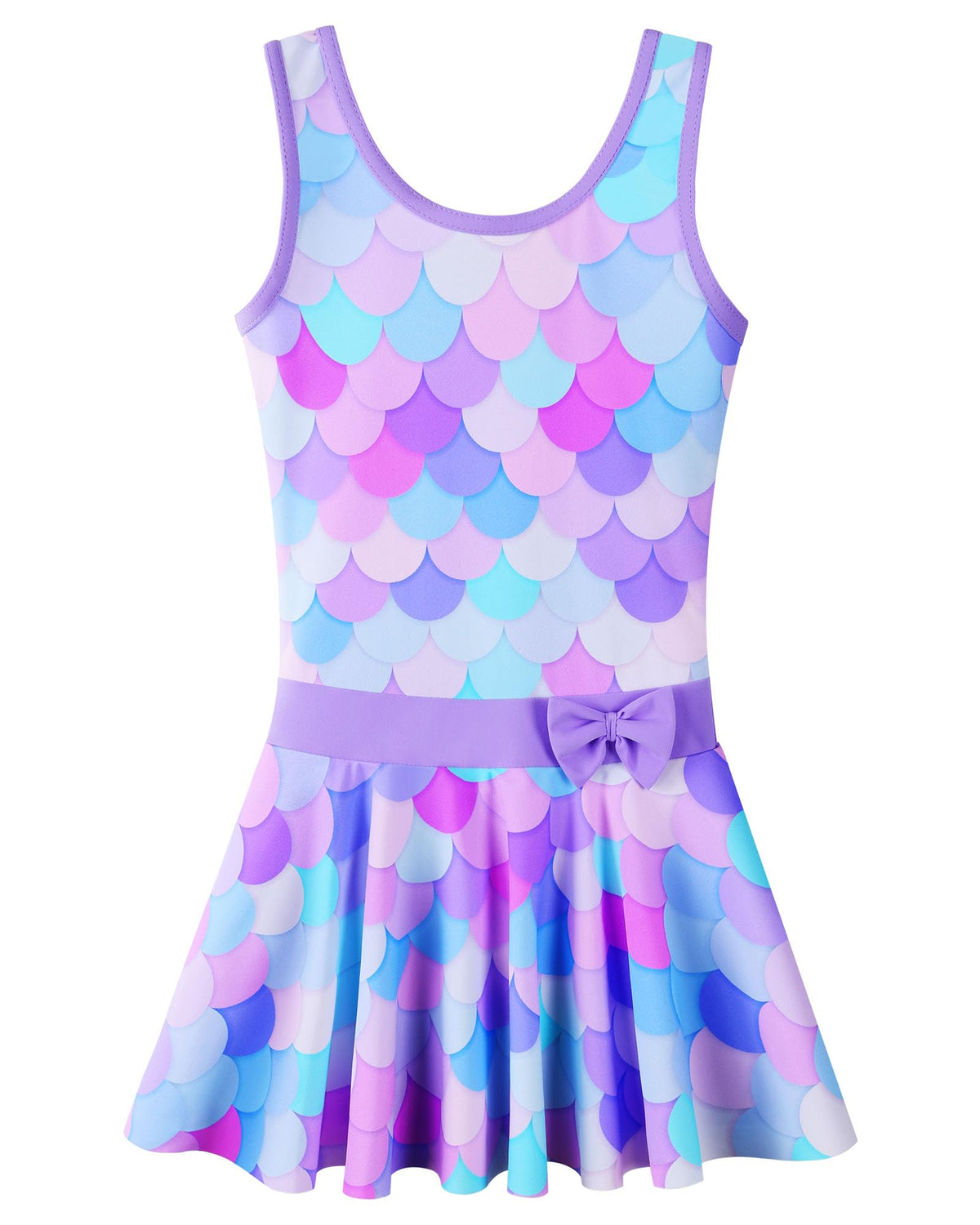Girls Swimsuit One Piece UPF 50+ Floral Skirted Bathing Suit Modest Beach Swim Dress S458_PurpleScale_104/110