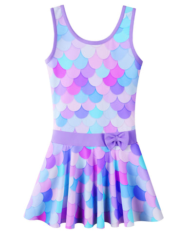 Girls Swimsuit One Piece UPF 50+ Floral Skirted Bathing Suit Modest Beach Swim Dress S458_PurpleScale_152/158