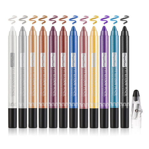 12Pcs Eyeshadow Stick Set Eye Shadow Applicator Sticks Matte Eyeliner Pen Set with Sharpener Cap Long-lasting Waterproof Delineadores De Colors Para Ojos Pearly Sparkle Glitter Eyeshadow Makeup