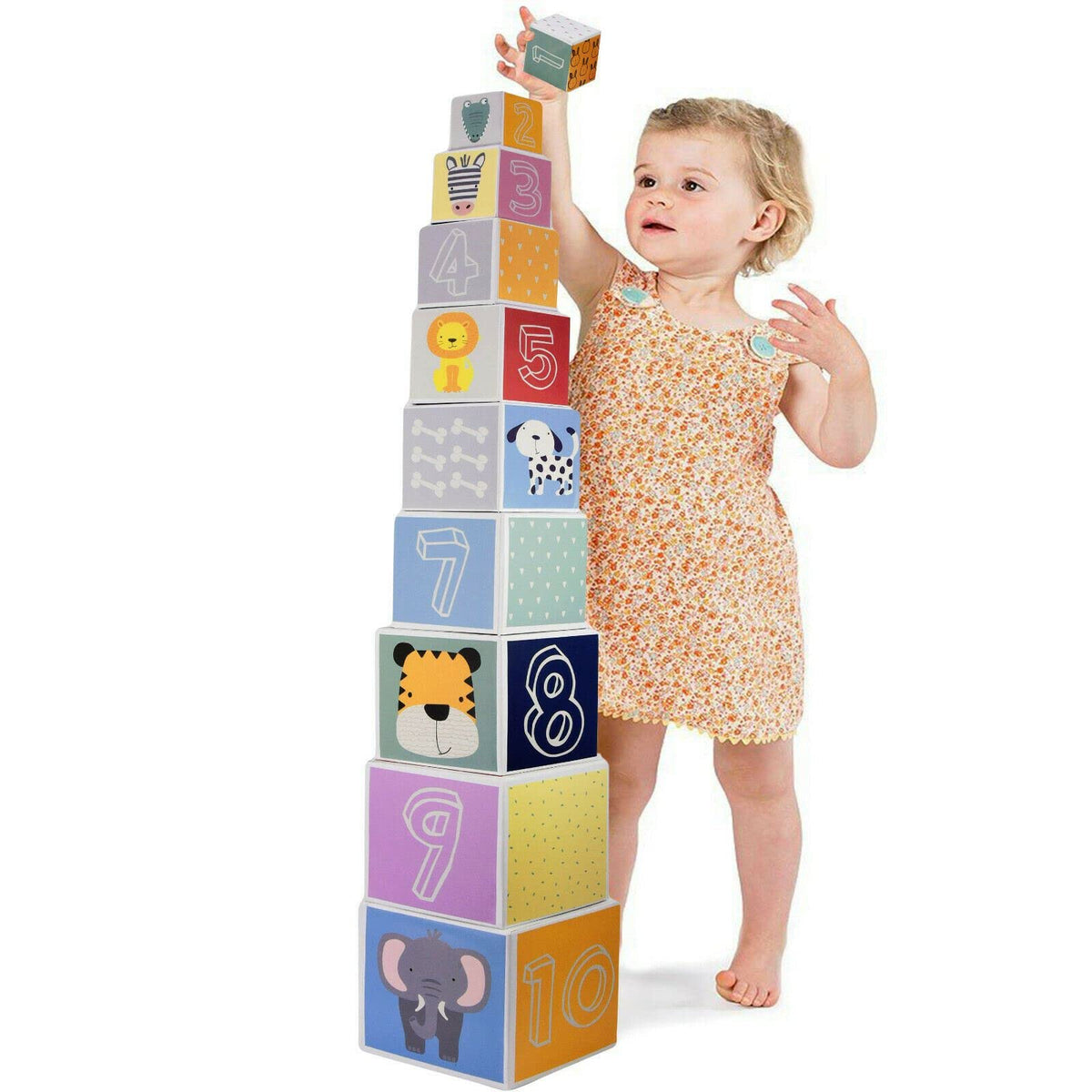 The Magic Toy Shop Kids Baby Nesting & Stacking Colourful Blocks Set with Numbers, Animals, Shapes & Colors, Stack up to 87 cm / 34 inches