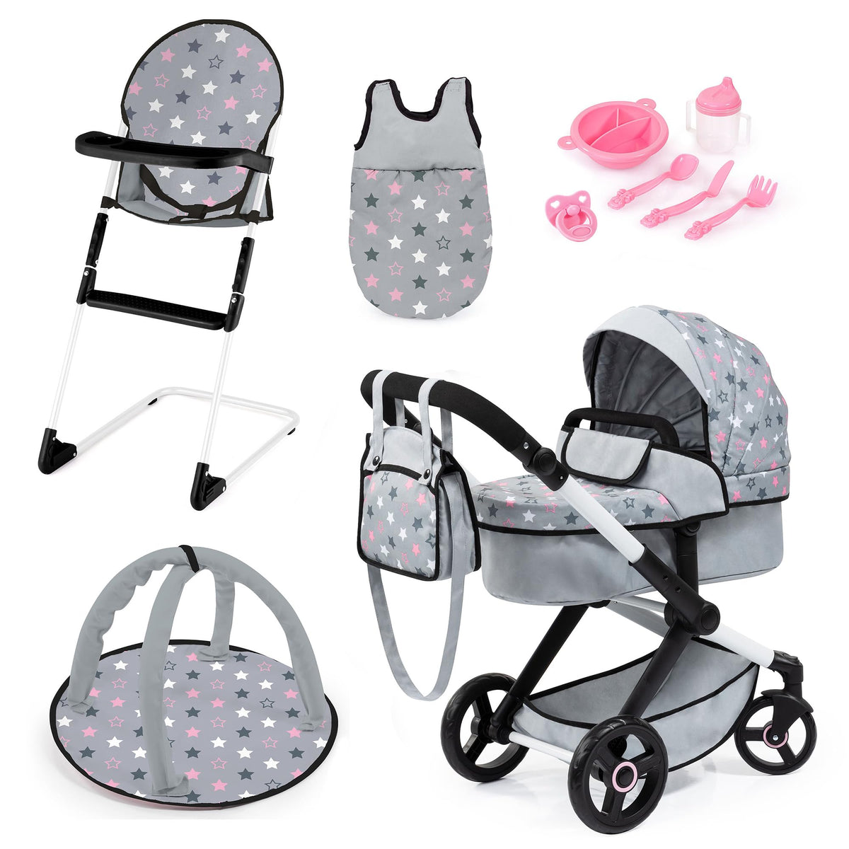 Bayer Design Dolls: Xeo 11 Piece Set - Grey, Pink, Stars - Pram, High Chair, Play Gym, Handbag & Accessories for Dolls Up to 18", Kids Toy, Ages 3+