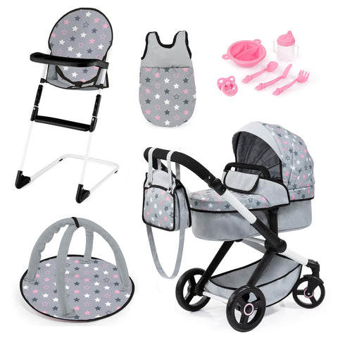 Bayer Design Dolls: Xeo 11 Piece Set - Grey, Pink, Stars - Pram, High Chair, Play Gym, Handbag & Accessories for Dolls Up to 18", Kids Toy, Ages 3+