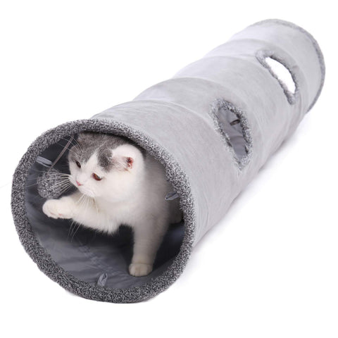ONMOG PAWZ Road Collapsible Cat Tunnel,Crinkle Kitten Play Tube for Large Cats, Dogs, Bunnies with Ball - Fun Cat Toys 2 Peep Hole Design Grey