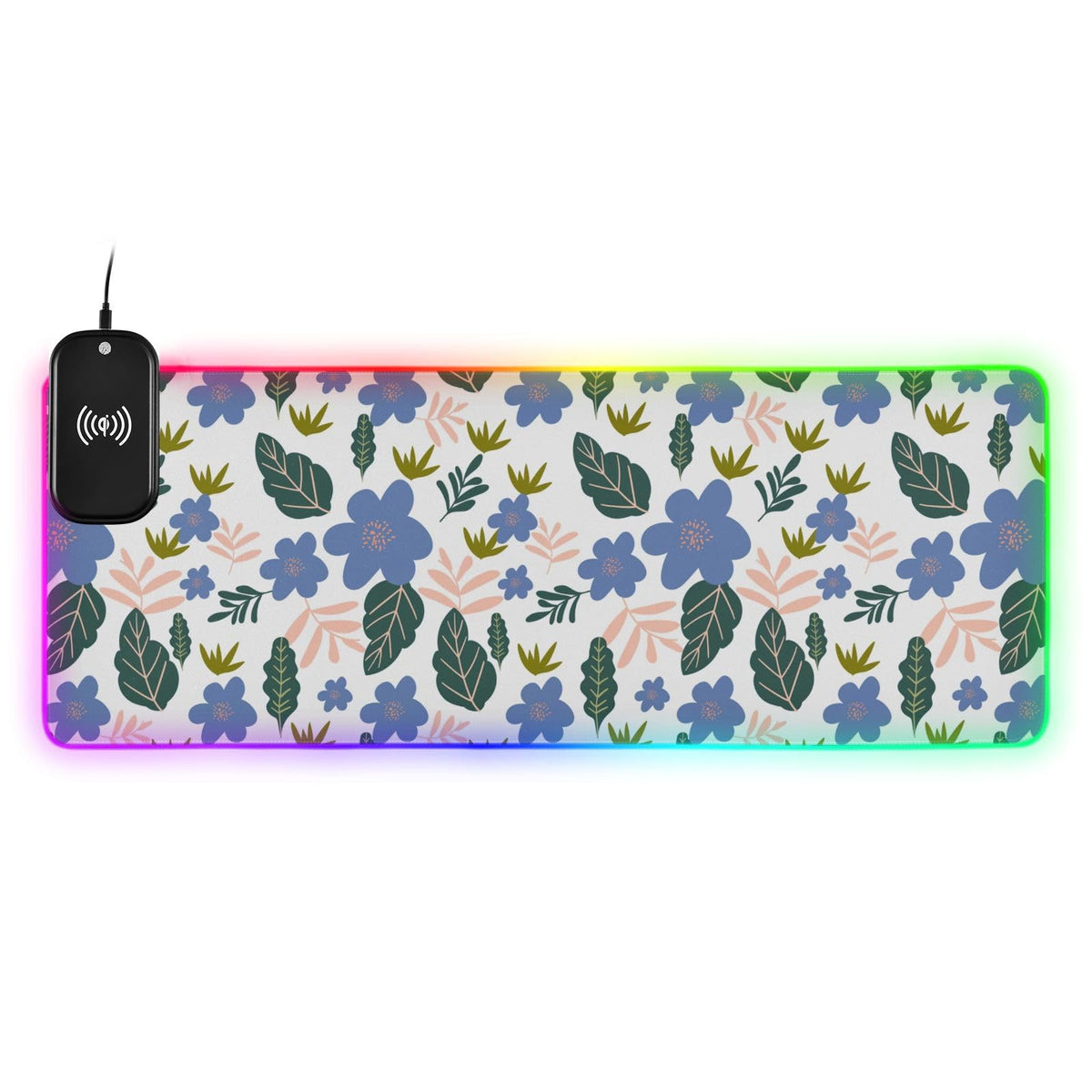 Flower Leaves Wireless Charging Mouse Pad for Mobile Phone Extra Large Gaming Mousepad with 13 Lighting Modes Keyboard Mat for Gaming MacBook PC Laptop Desk Home Office