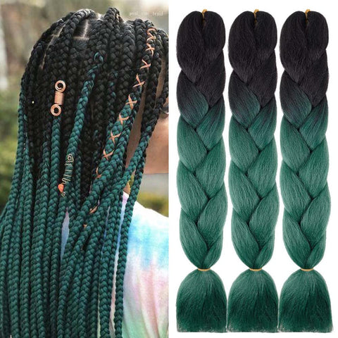 Jumbo Braiding Hair Fiber Silky Colorful Twist Braiding Hair 3pcs Black Green Colors Extensions Synthetic Hair Black Green Synthetic Fiber Soft Healthy (24 Inch 3pcs)