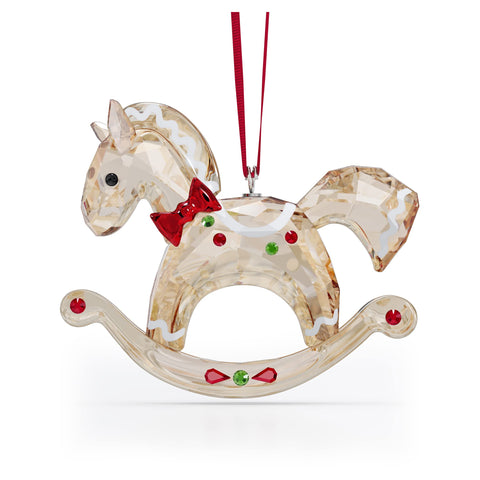 Swarovski Rocking Horse Hanging Ornament, Gold Tone, White, Red and Green Crystals Hanging Decoration, from the Holiday Cheers Collection