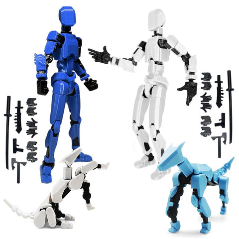 (Assembly Completed) 4 Packs T13 Action Figure Set, Titan 13 3D Printed Multi-Jointed Movable Action Figure Robot Toy, Christmas Birthday Gift for Kids Adult (2pcs Action Figure+2pcs Action Dog)