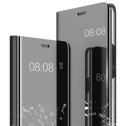SZYZ Samsung Galaxy S21 FE (Not S21) Mirror Phone Case,Smooth Clear View Smart Display Shockproof Mirror Case with Flip Kickstand and Anti-Fall Protection Cover for Samsung Galaxy S21 FE JM Black