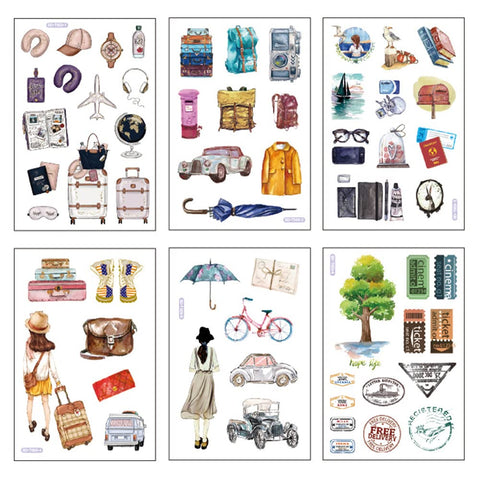 12 Sheets Travel Theme Washi Stickers Suitcase Backpack Vehicle Transportation Ticket Planner Journal Sticker DIY Decoration for Scrapbook Arts Crafts Journaling Letter Envelope Postcard Collage Diary