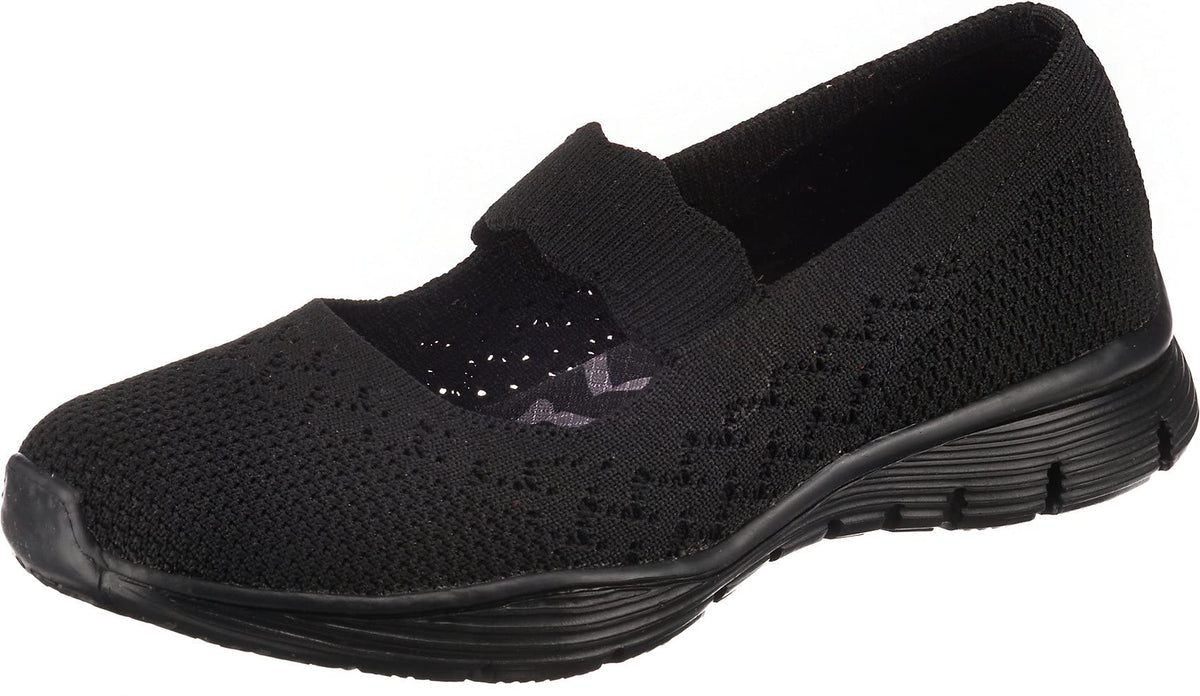 Skechers Women's Seager-Power Hitter-Engineered Knit Mary Jane Flat, Black/Black, 5